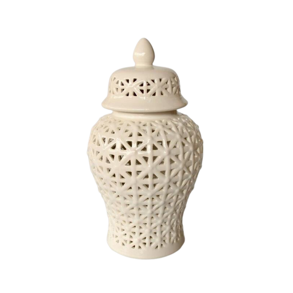 Sophisticated Elegance: White Criss Cross Cut-Out Ginger Jar Elevate your home decor with the exquisite White Criss Cross Cut-Out Ginger Jar, a masterpiece of elegance and refinement. Handcrafted to perfection, this stunning piece measures 41cm x 22cm and boasts an intricate criss-cross cut-out design that adds visual interest and sophistication to any room. The glossy white finish is both timeless and versatile, seamlessly complementing various decor styles.
Product Highlights, 41cm x 22cm. Unique Boys.