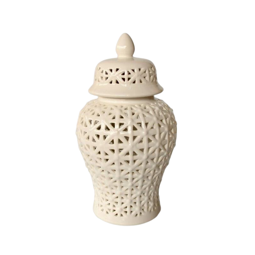Sophisticated Elegance: White Criss Cross Cut-Out Ginger Jar Elevate your home decor with the exquisite White Criss Cross Cut-Out Ginger Jar, a masterpiece of elegance and refinement. Handcrafted to perfection, this stunning piece measures 41cm x 22cm and boasts an intricate criss-cross cut-out design that adds visual interest and sophistication to any room. The glossy white finish is both timeless and versatile, seamlessly complementing various decor styles.
Product Highlights, 41cm x 22cm. Unique Boys.