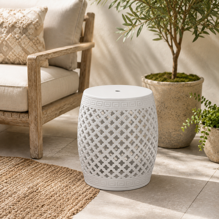 Elegant White Cut-Out Ceramic Garden Stool, perfect as a side table, occasional seat or décor accent.