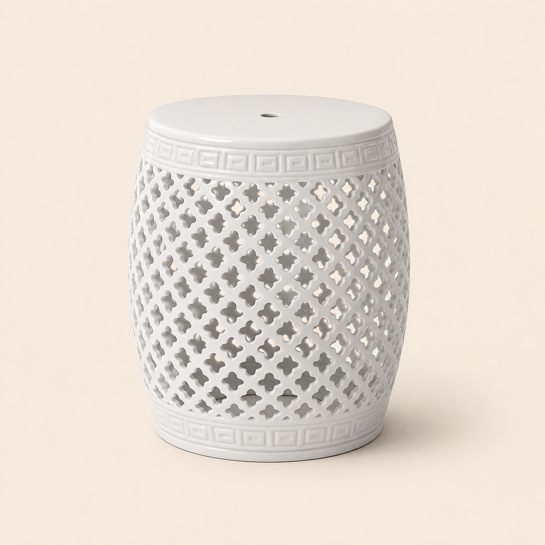 White Cut-Out Ceramic Garden Stool 46x31cm, an elegant accent for stylish indoor and outdoor spaces.