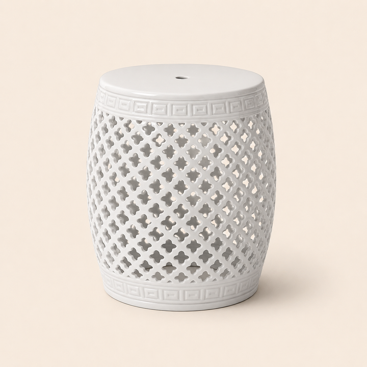White Cut-Out Ceramic Garden Stool 46x31cm, an elegant accent for stylish indoor and outdoor spaces.