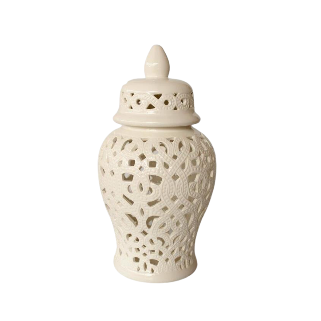 Elegant Sophistication: White Cut-Out Ginger Jar with Braided Design
Add a touch of refined elegance to your home decor with the White Cut-Out Ginger Jar featuring a beautiful braided design. Measuring 47x22cm, this stunning piece is expertly handcrafted with high-quality materials, ensuring durability and a luxurious finish. The intricate braided cut-out design adds visual interest and texture, while the glossy white finish provides a sophisticated and timeless look. Unique Boys.