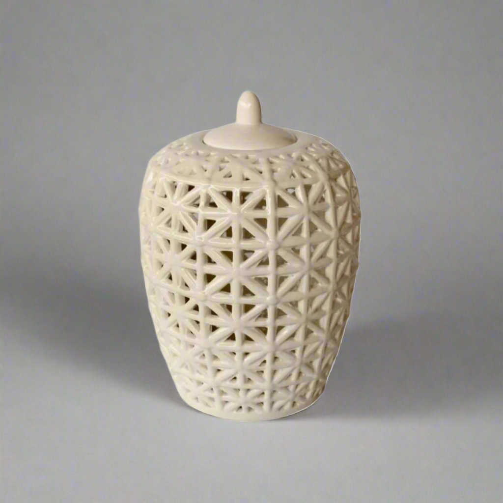 Elegant Decor: White Fat Criss-Cross Cut-Out Jar with Lid
Add a touch of sophistication to your home decor with the White Fat Criss-Cross Cut-Out Jar with Lid, a beautifully handcrafted piece that combines elegance and style. Measuring 32x21cm, this stunning jar features an intricate criss-cross cut-out design that adds visual interest and uniqueness to any room. The timeless white finish and matching lid make it a perfect fit for various decor styles. www.uniqueboys.co.za