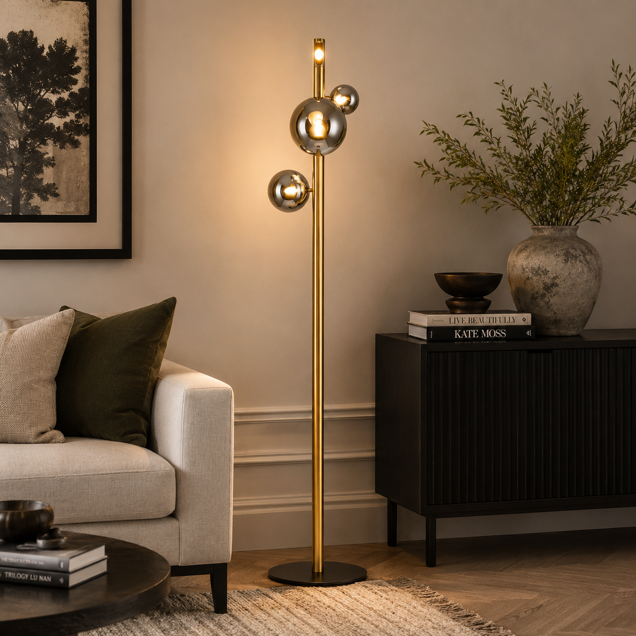 Yoyo Floor Lamp 160cm high with elegant gold finish and sculptural globes, perfect for modern interiors.