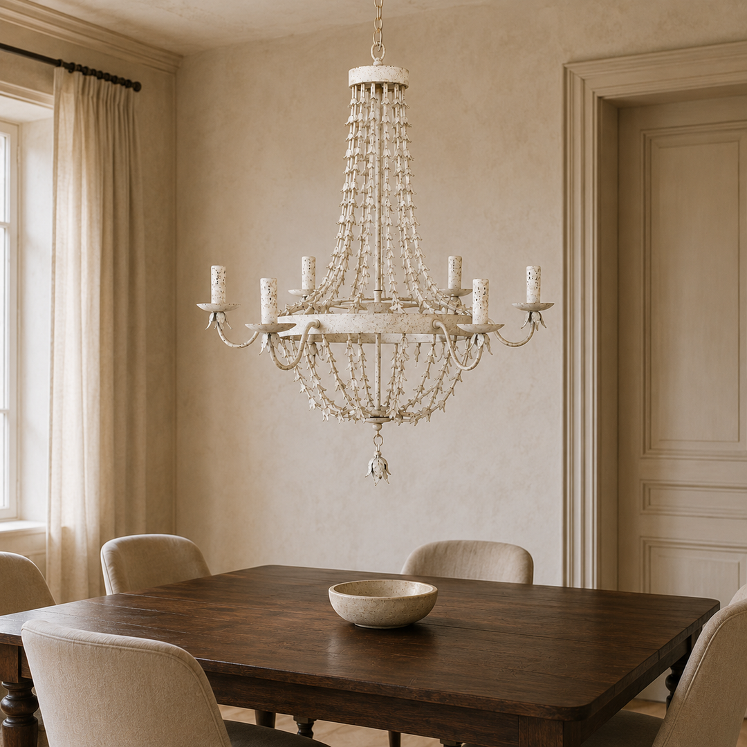 Antique white metal petal six-light chandelier styled above a dark walnut dining table