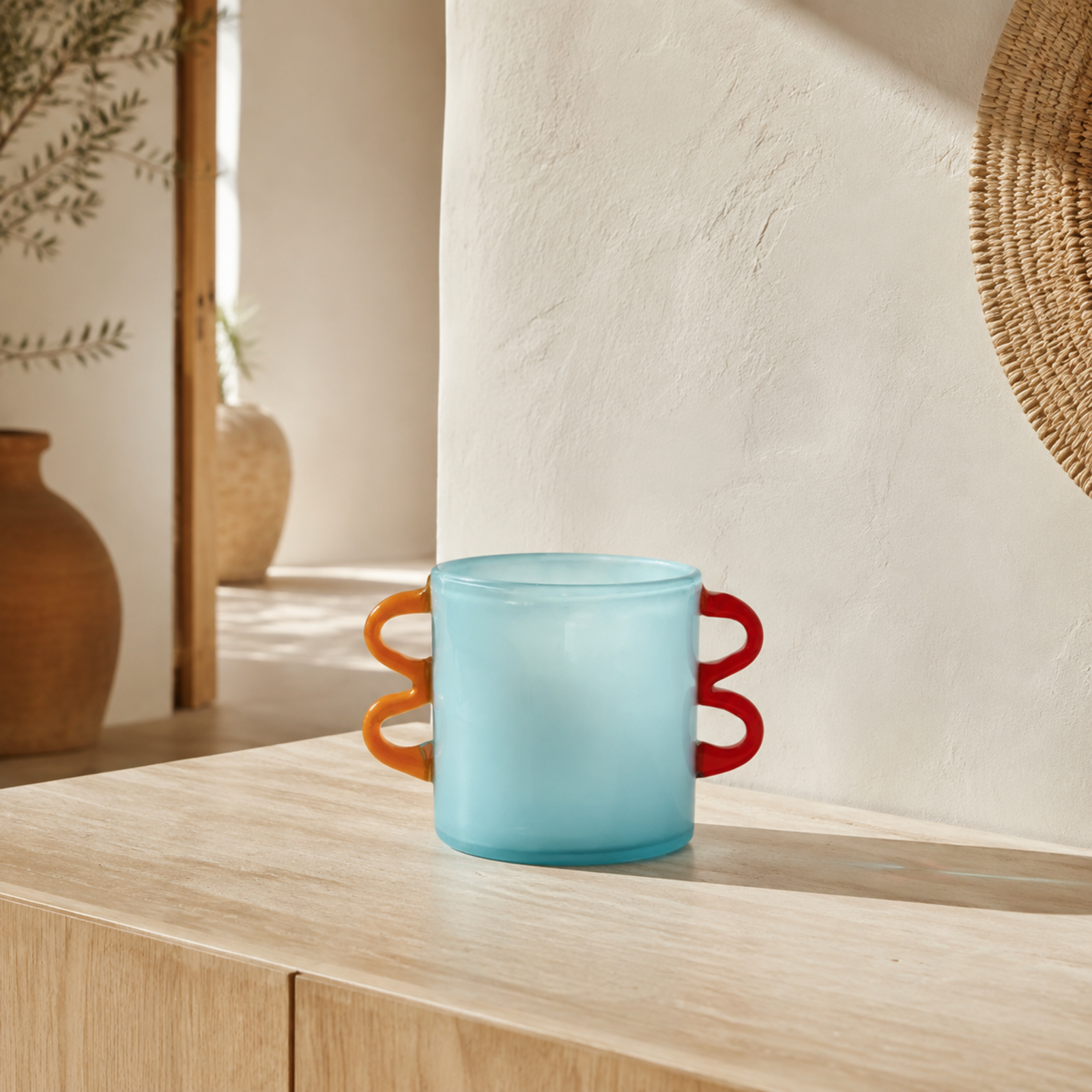 Aqua Blue Glass Vase Orange Handles — luxury interior lifestyle view