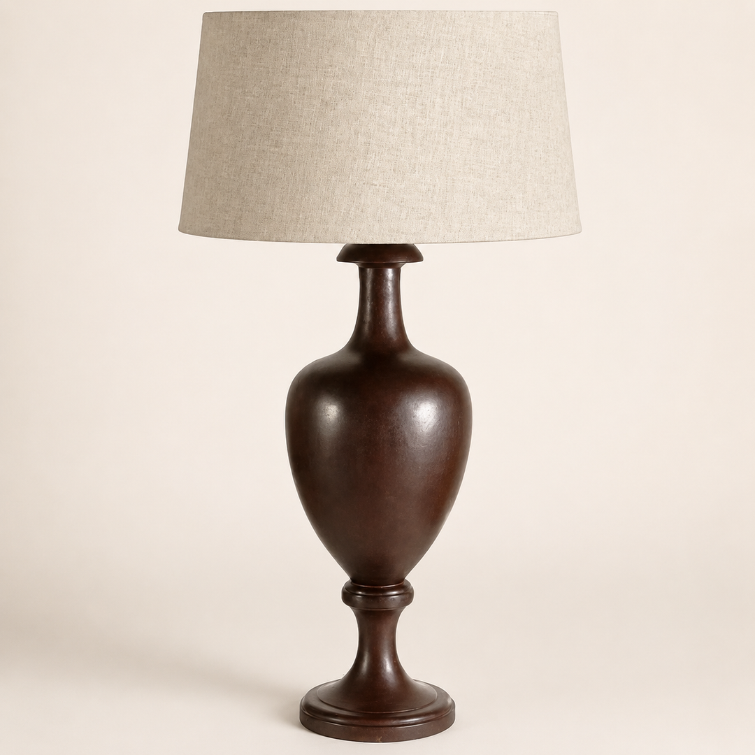 Atmosphere Table Lamp in brown with natural linen shade – front view | Unique Boys