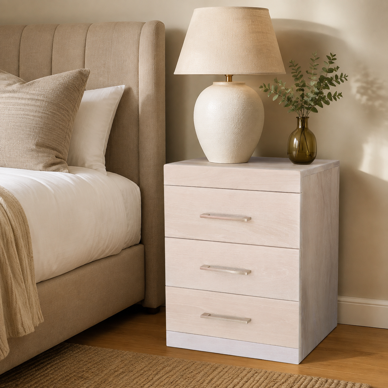 Becca Oak Pedestal — luxury bedroom lifestyle