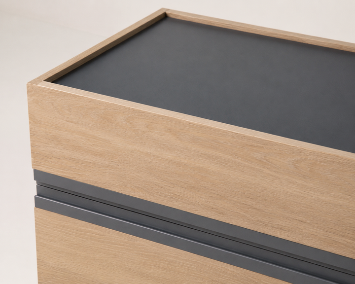 Berg Oak Pedestal — oak, tray top and finger-pull detail