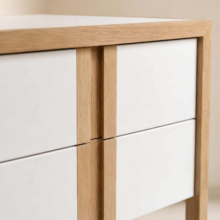 Berger White MDF Pedestal — white drawer and oak frame detail