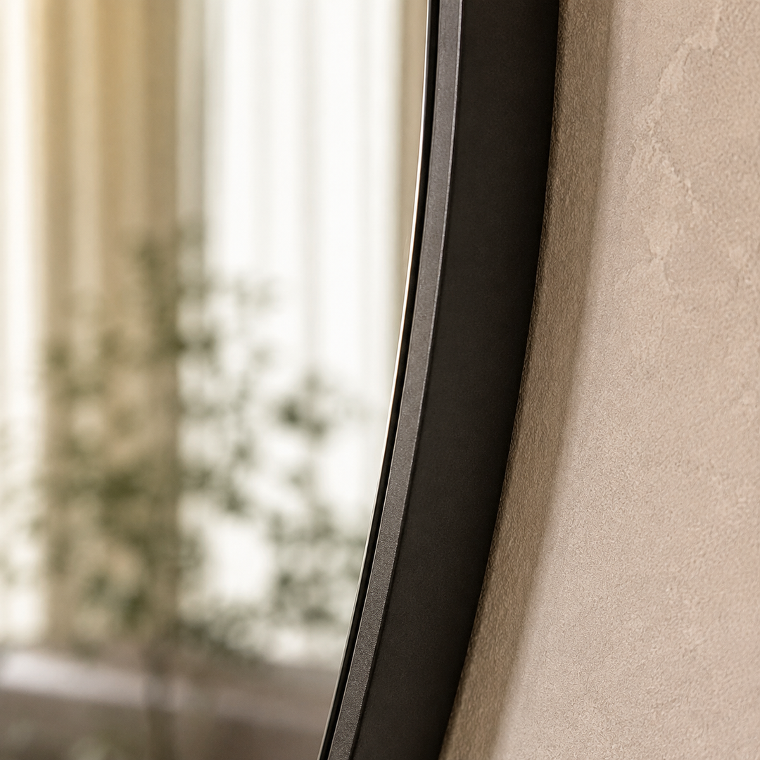 Bespoke Round Mirror slim black metal frame and glass detail
