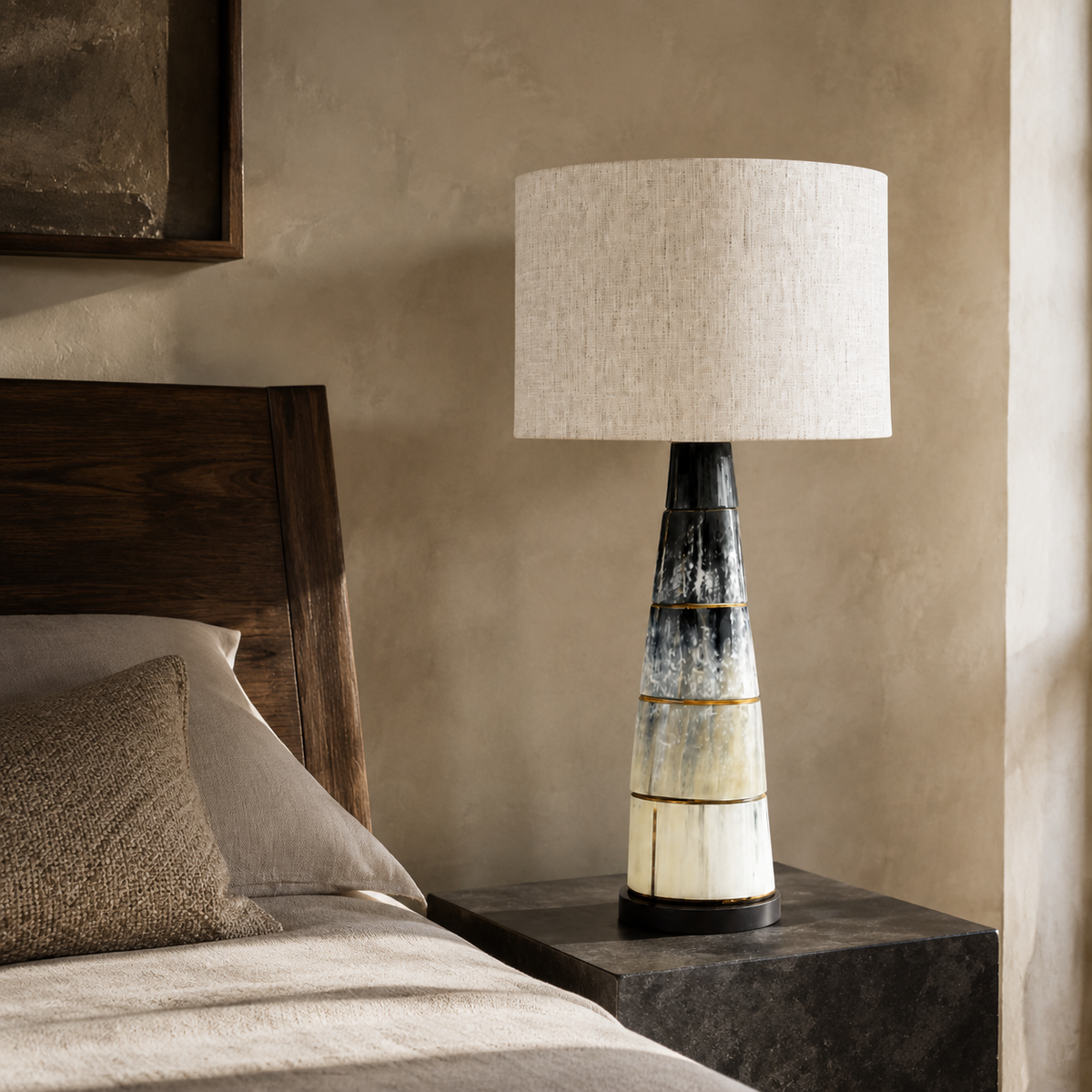Black Cow Horn Disc Lamp with Linen Shade in a refined bedroom | Unique Boys