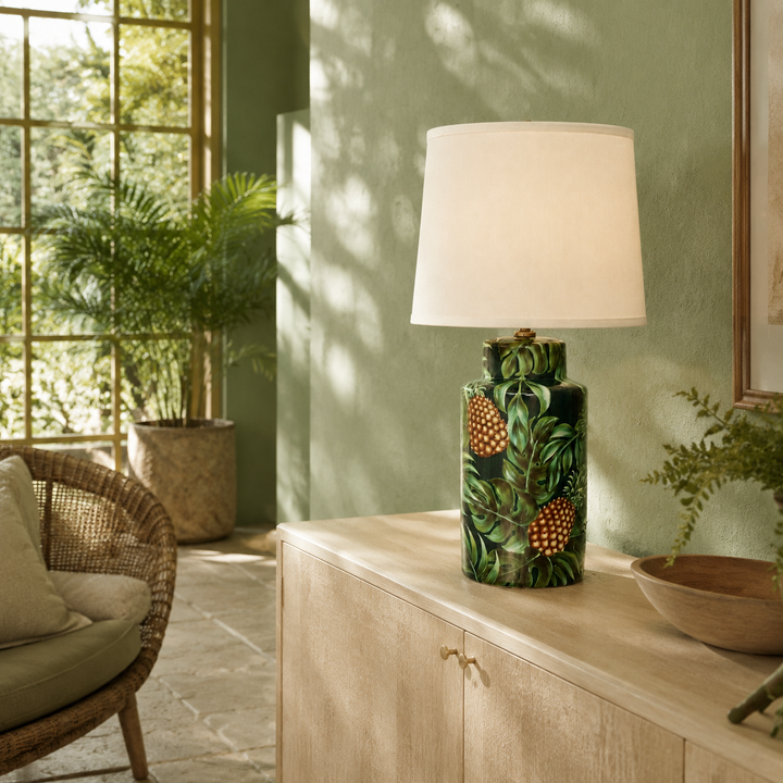 Black Green Pineapple Lamp with Off White Shade in a sunroom | Unique Boys