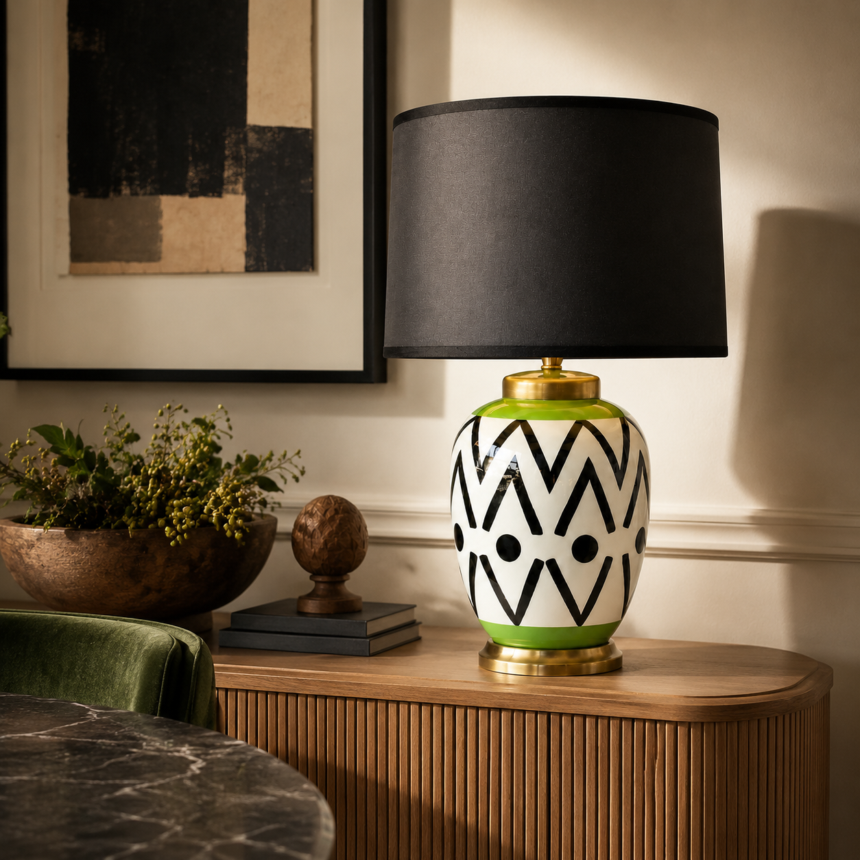 Black Green and White Detail Lamp with Black Shade in a luxury dining room | Unique Boys