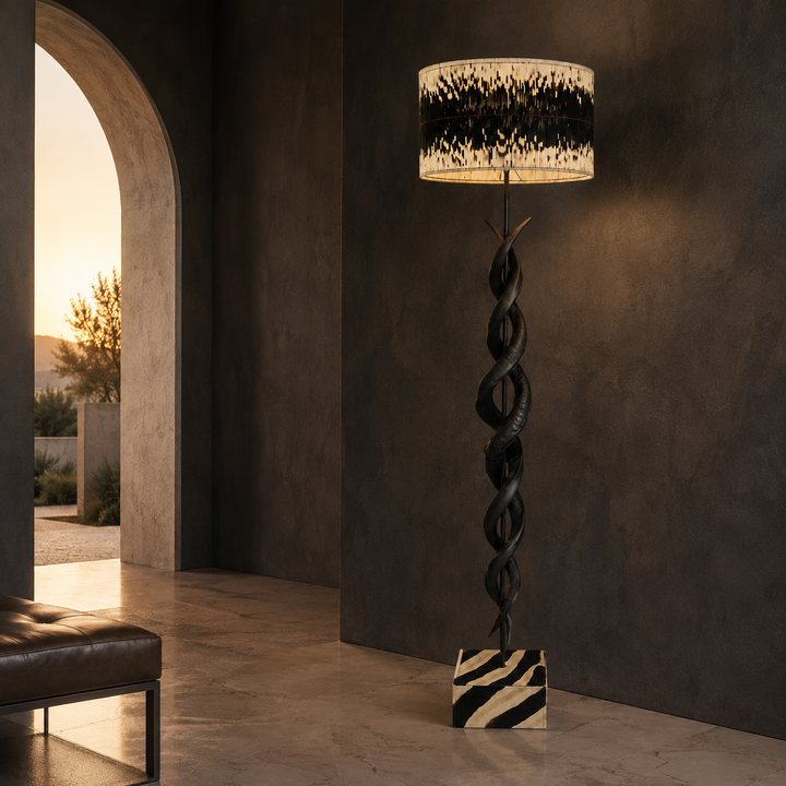 Black Kudu Horn Double Twist Standing Lamp in a dramatic entrance hall | Unique Boys