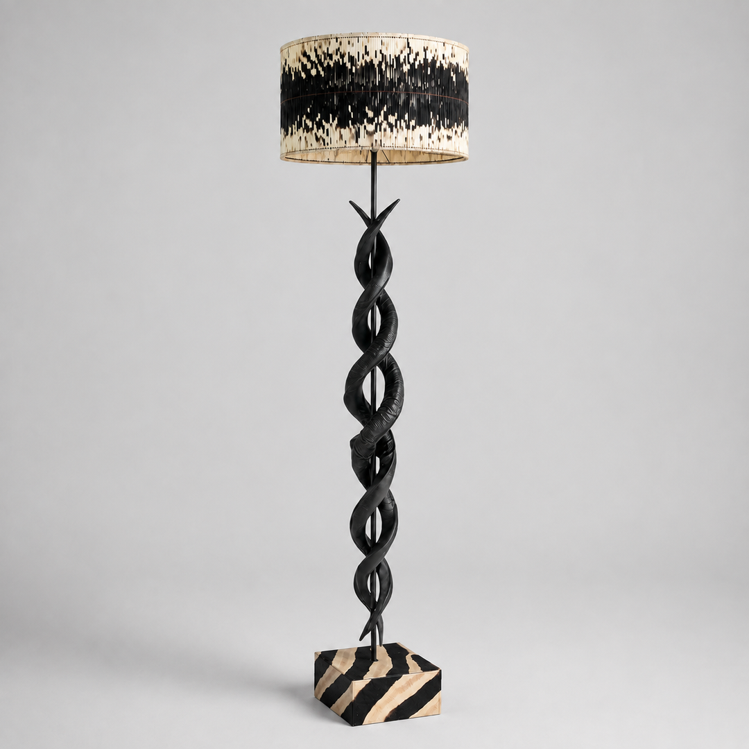 Black Kudu Horn Double Twist Standing Lamp with Quill Drum Shade – catalogue view | Unique Boys