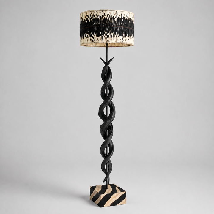 Black Kudu Horn Double Twist Standing Lamp with Quill Drum Shade – catalogue view | Unique Boys