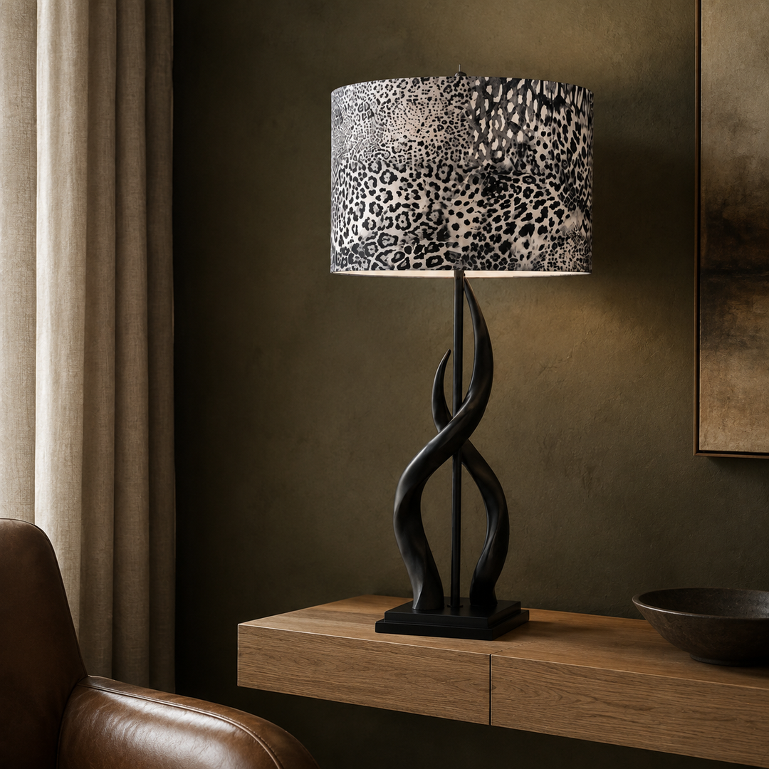 Black Kudu Upright Twist Lamp with Leopard Shade in a luxury study | Unique Boys