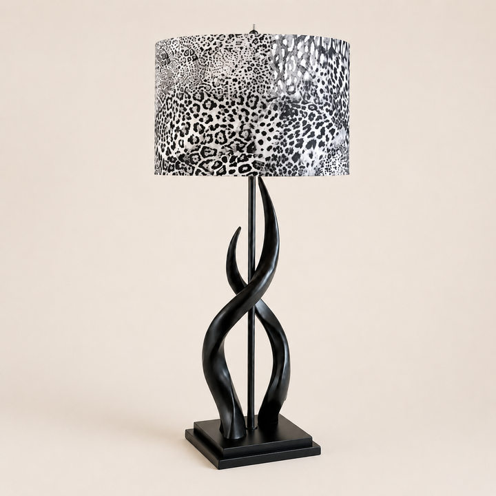 Black Kudu Upright Twist Lamp with Leopard Shade – catalogue view | Unique Boys