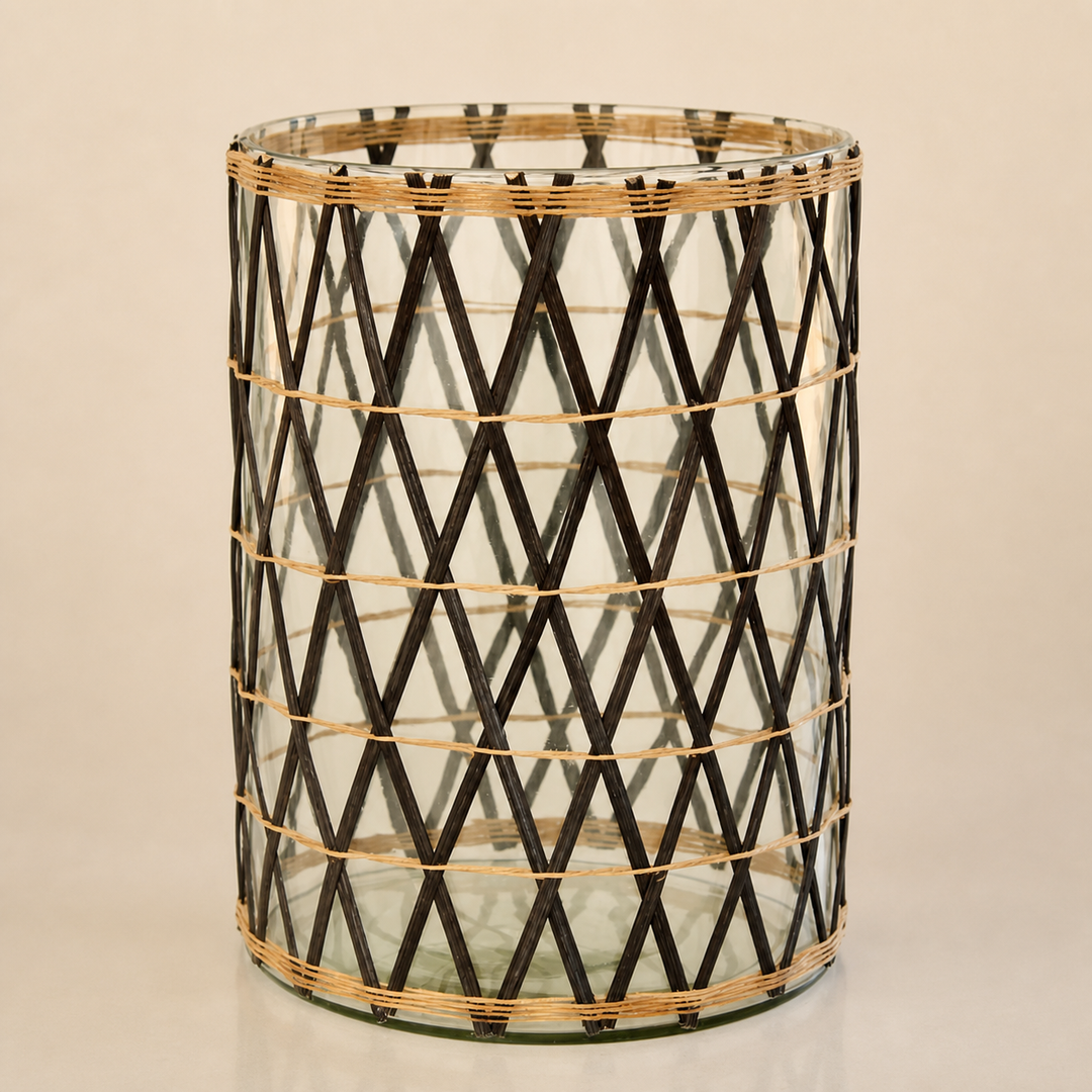 Black rattan glass candle holder 25x18cm — catalogue product image