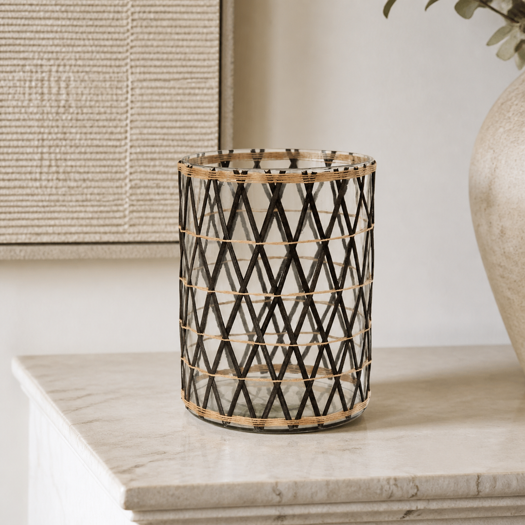 Black rattan glass candle holder 25x18cm — luxury lifestyle image