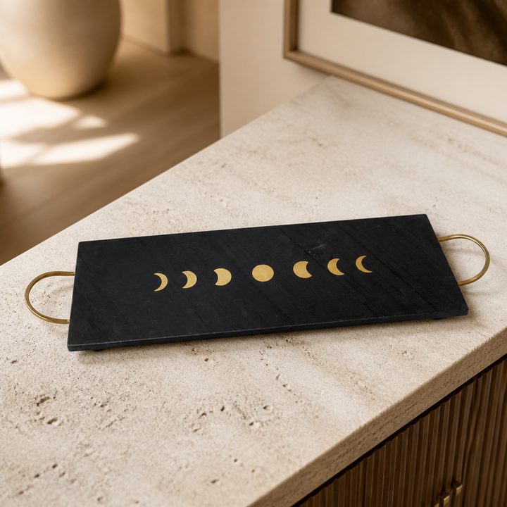 Black slate &amp; brass inlay marble tray with handles 46x15cm — luxury lifestyle image