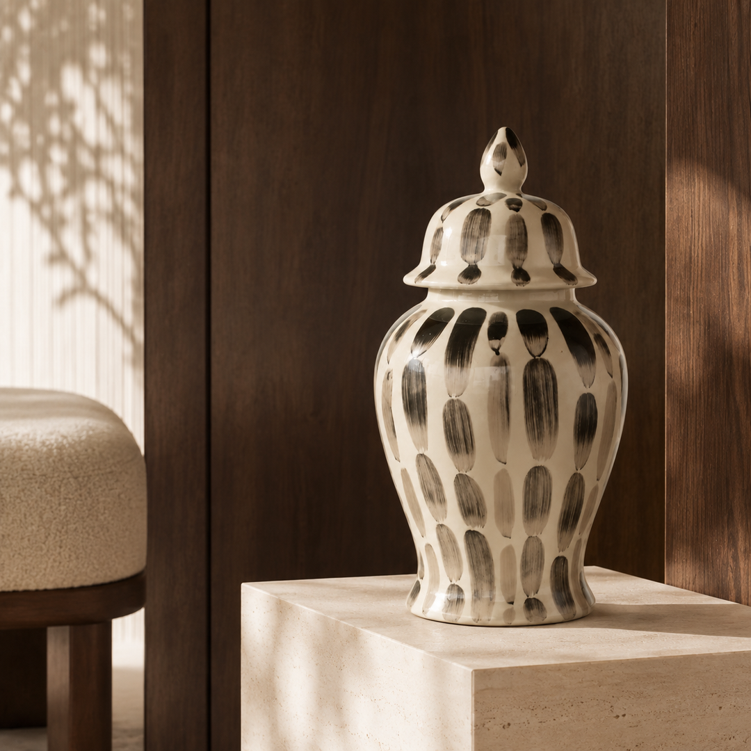 Black Stripe Ginger Jar 47x23cm in a luxury entry | Unique Boys