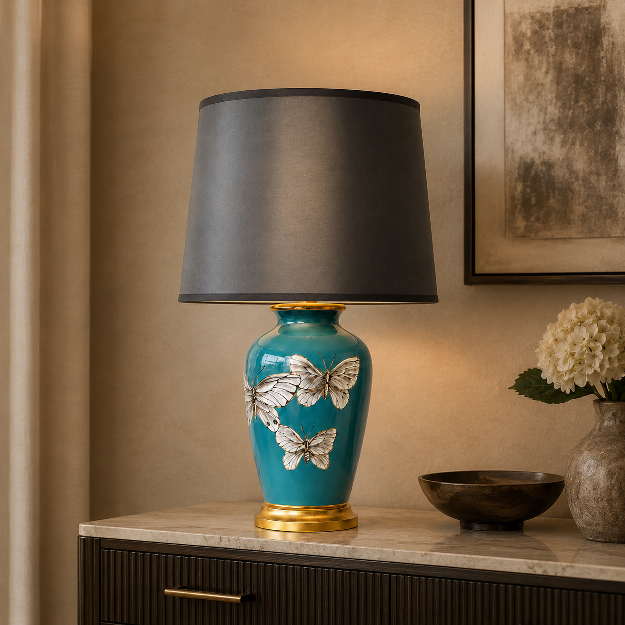 Blue 3 Butterfly Lamp Black Shade 68x40cm – lifestyle view