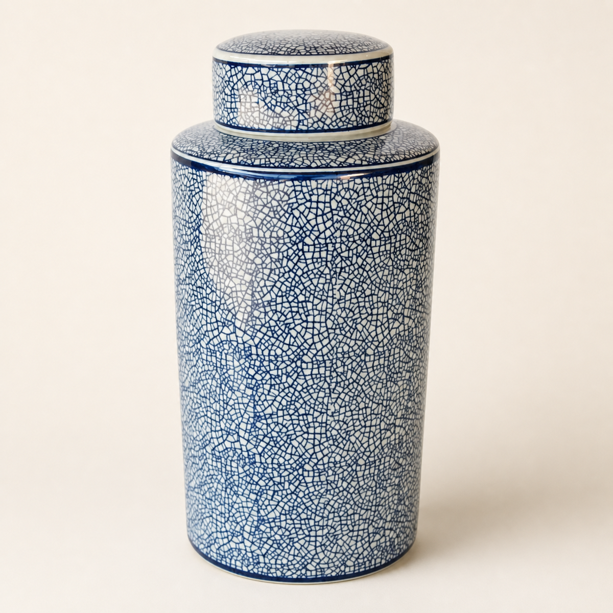 Blue and white crackle design jar with lid - catalogue