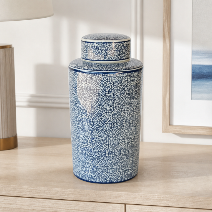 Blue and white crackle design jar with lid - luxury lifestyle