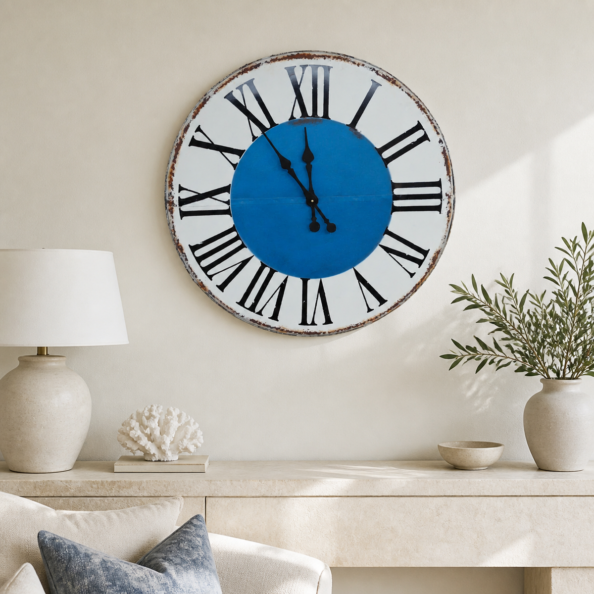 Blue and white metal clock 82cm — luxury lifestyle image
