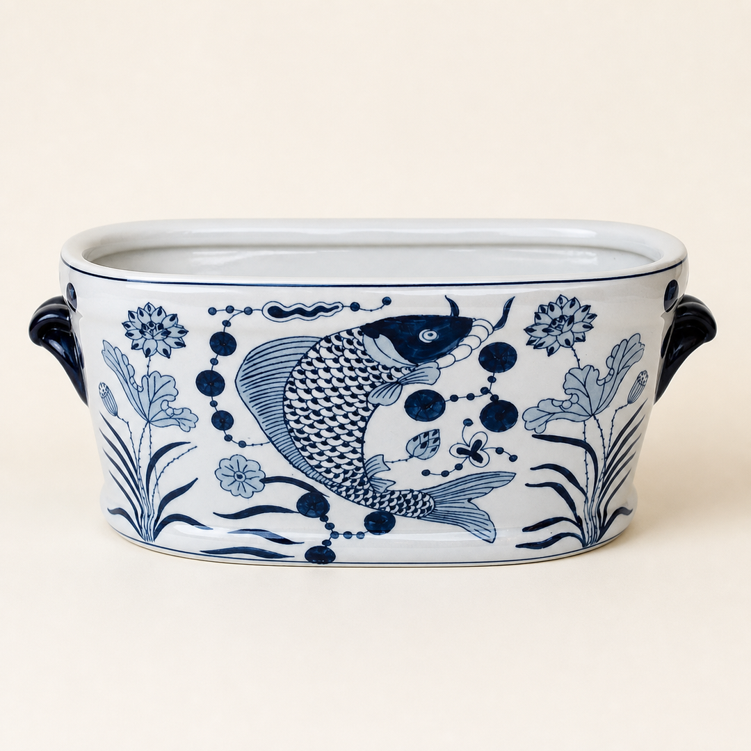 Blue fish footbath on warm ivory background