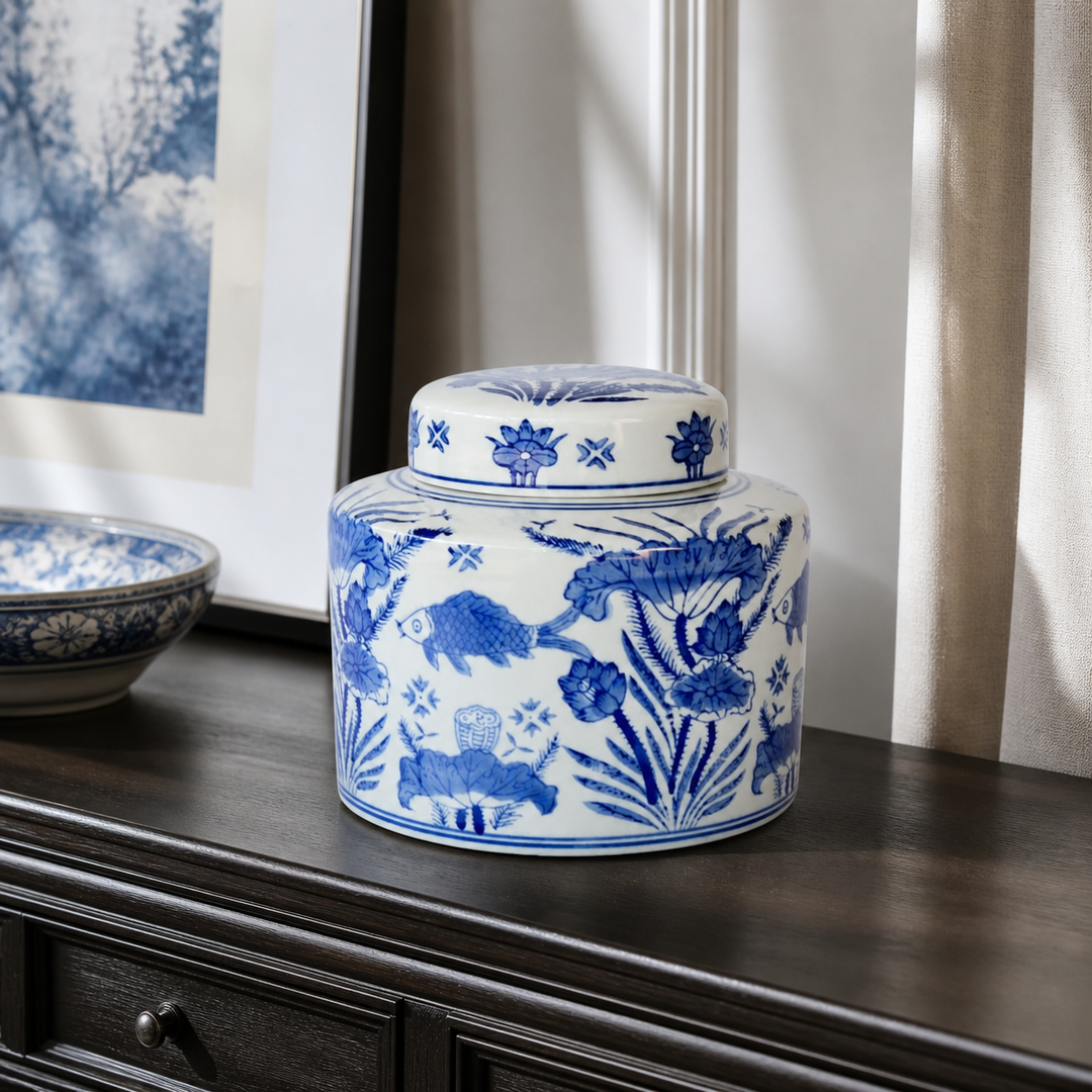 BLUE FISH JAR WITH LID 17X19CM - luxury lifestyle