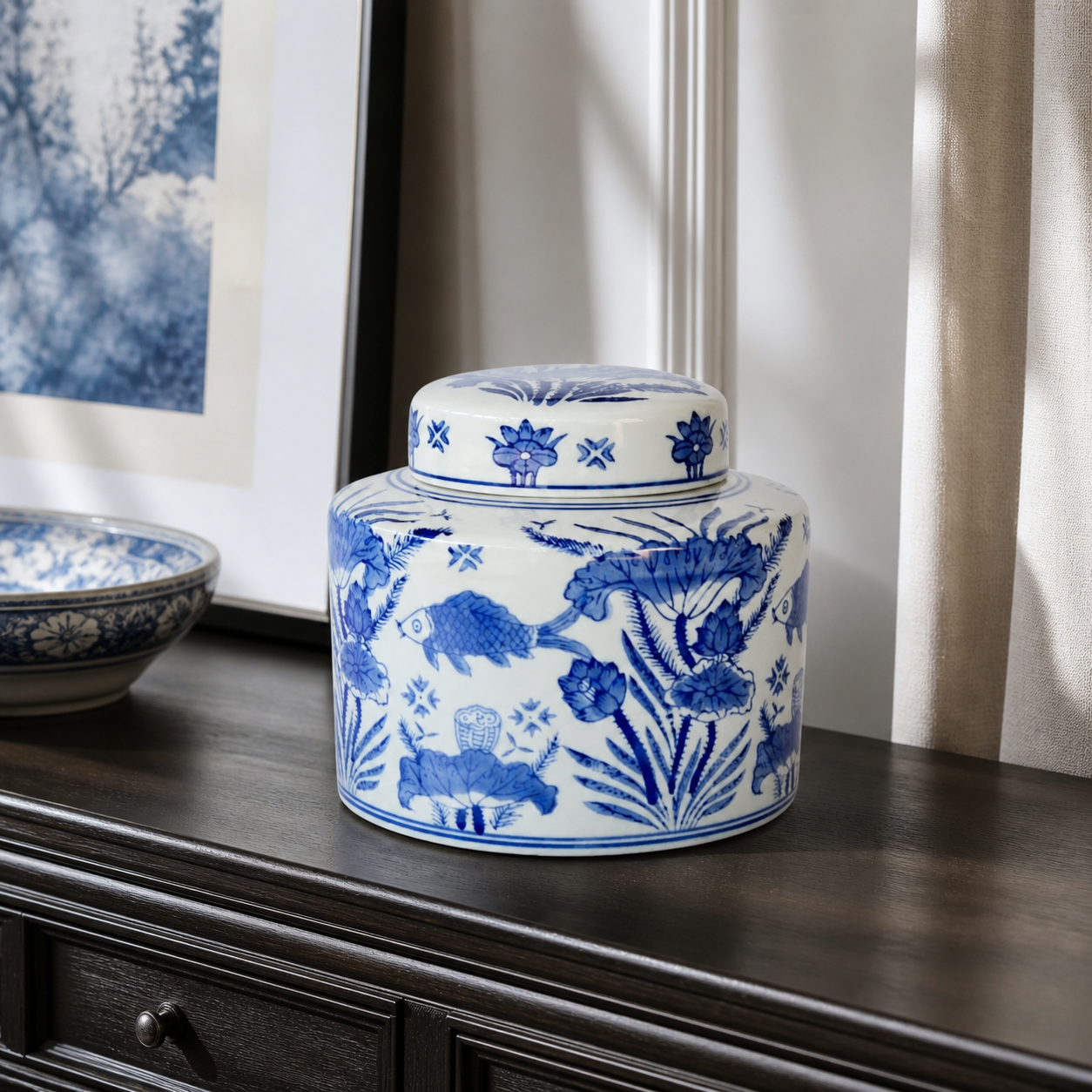 BLUE FISH JAR WITH LID 17X19CM - luxury lifestyle