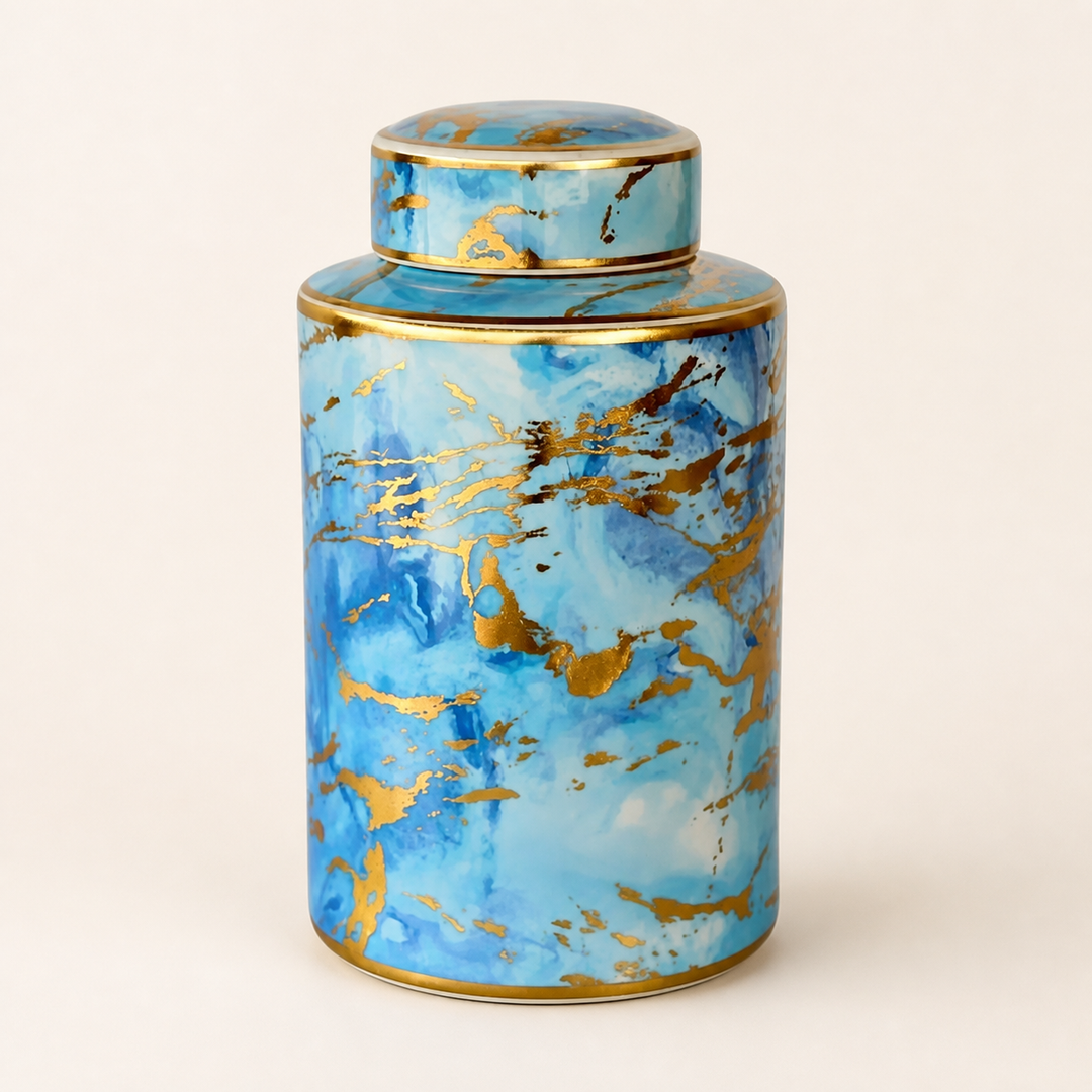 BLUE &amp; GOLD MARBLED JAR WITH LID 30X17CM - catalogue