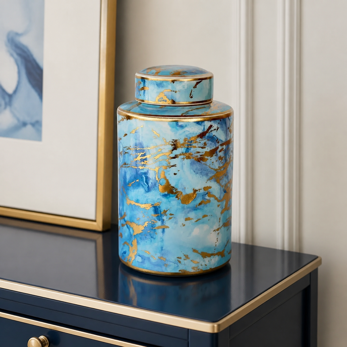 BLUE & GOLD MARBLED JAR WITH LID 30X17CM - luxury lifestyle