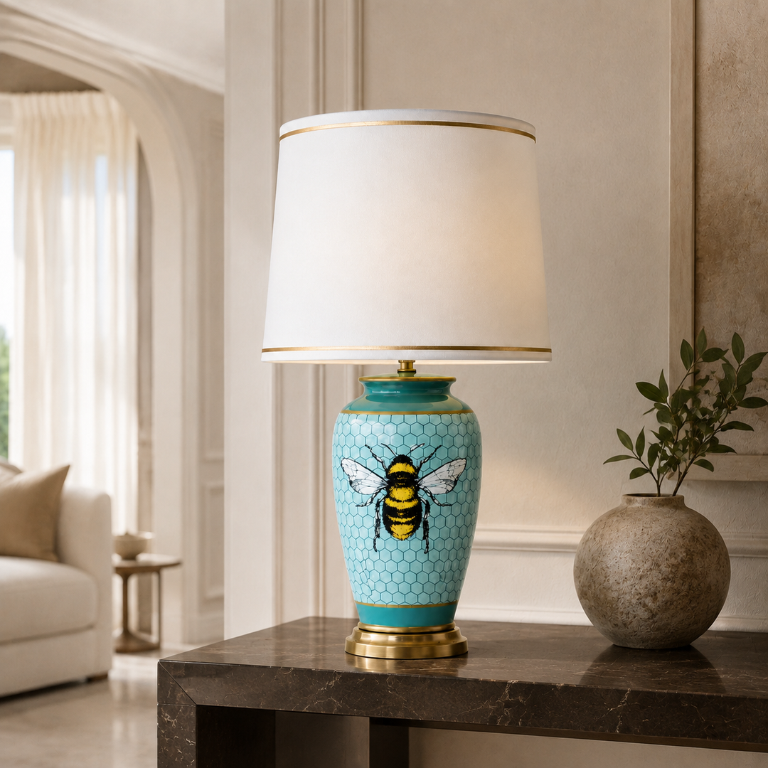 Blue Honey Comb Bee Lamp Base White Shade Gold Trim 68x40cm – lifestyle view