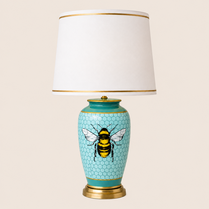 Blue Honey Comb Bee Lamp Base White Shade Gold Trim 68x40cm – catalogue view