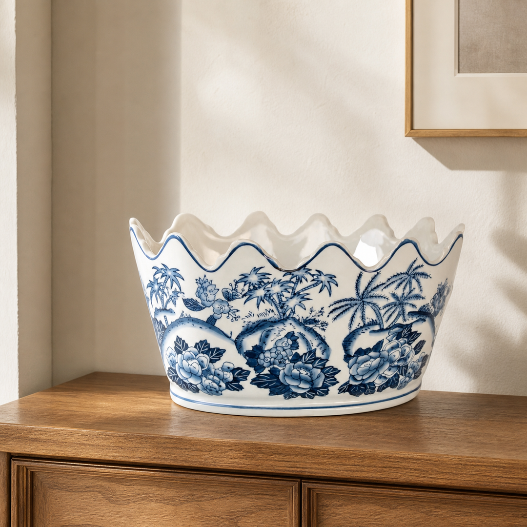 Blue scalloped planter in luxury interior