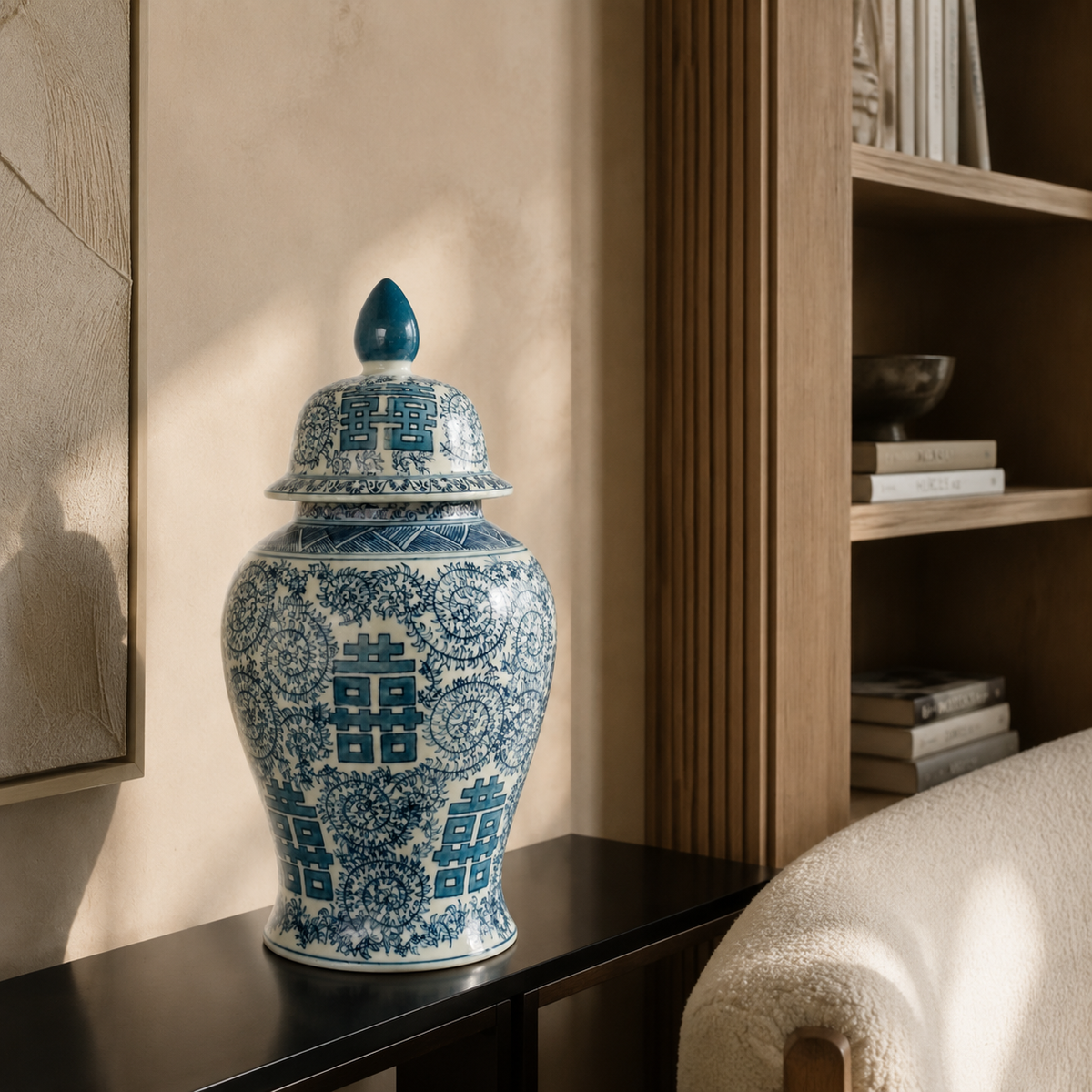 Blue and White Chinese Ginger Jar 48x22cm in a luxury library | Unique Boys