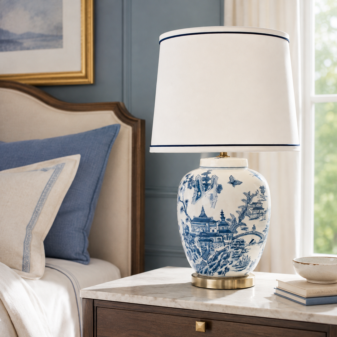Blue and White Chinese Lamp with Blue Trim Shade in a luxury bedroom | Unique Boys