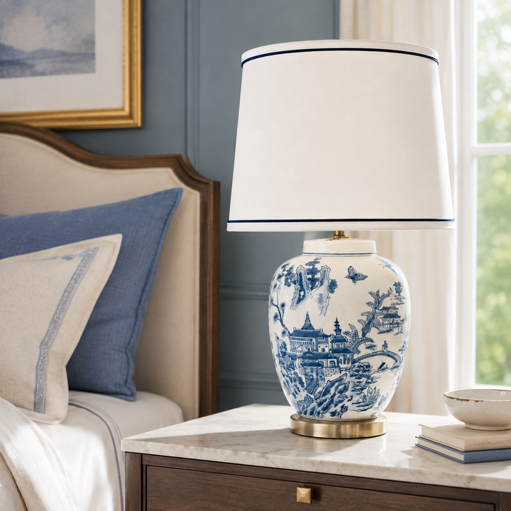 Blue and White Chinese Lamp with Blue Trim Shade in a luxury bedroom | Unique Boys