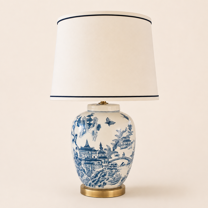 Blue and White Chinese Lamp with Blue Trim Shade – catalogue view | Unique Boys