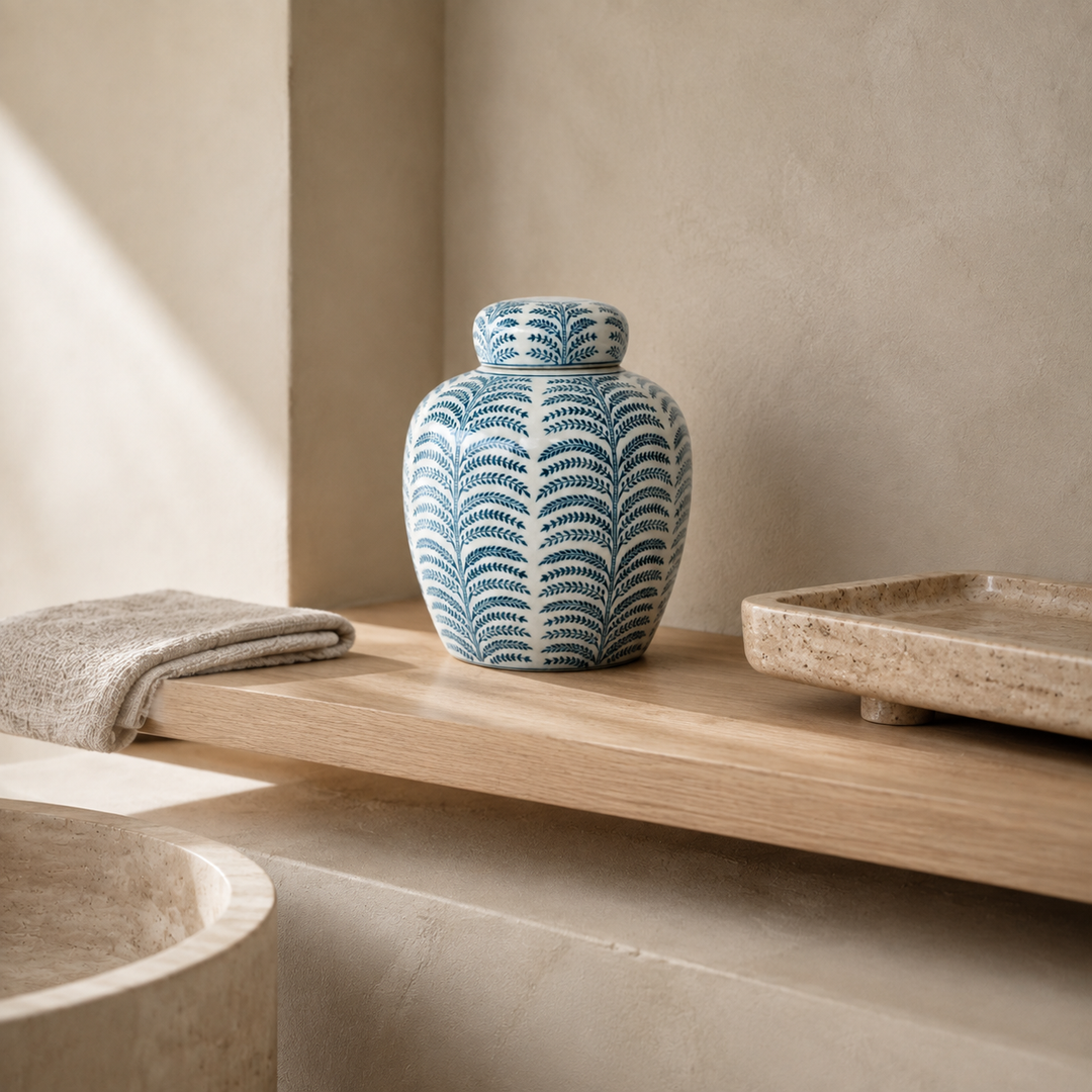 Blue and White Fern Jar with Lid 24x20cm in a luxury bathroom | Unique Boys
