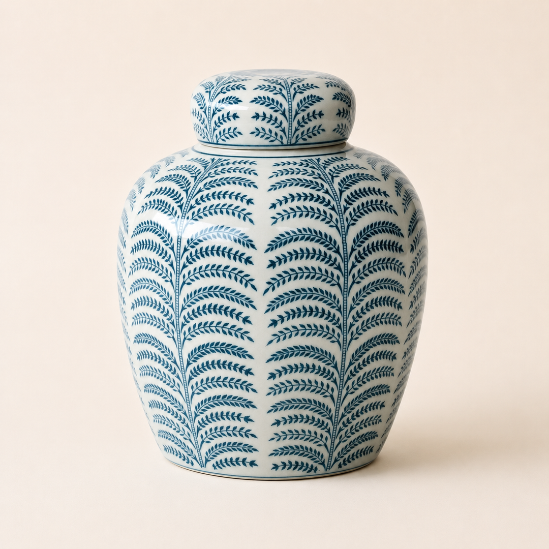 Blue and White Fern Jar with Lid 24x20cm – catalogue view | Unique Boys