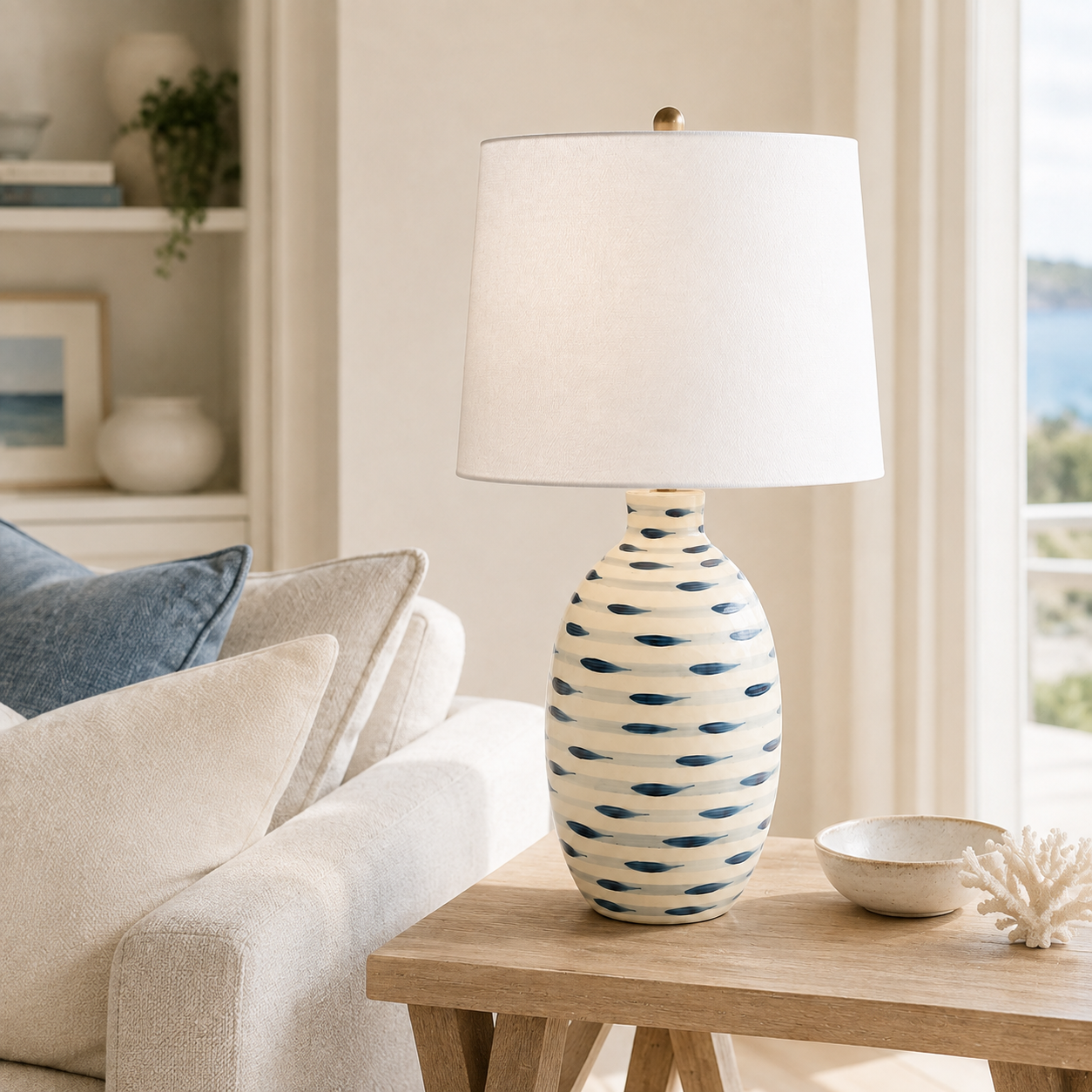 Blue & White Stripes Lamp Base White Finial & Harp Shade 69X38CM – lifestyle view