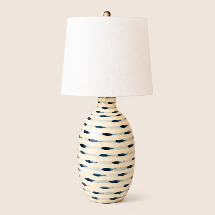 Blue &amp; White Stripes Lamp Base White Finial &amp; Harp Shade 69X38CM – catalogue view