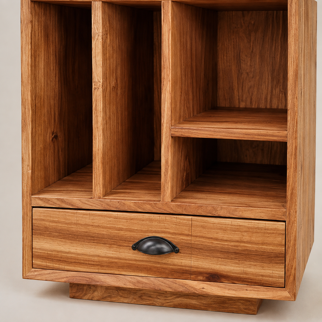 Boston Kiaat Pedestal — cubby, drawer and cup-handle detail