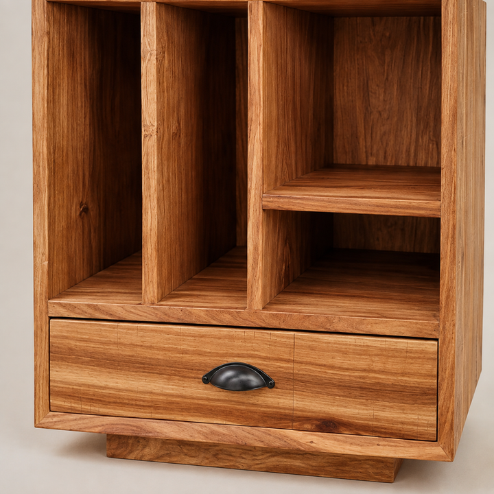 Boston Kiaat Pedestal — cubby, drawer and cup-handle detail