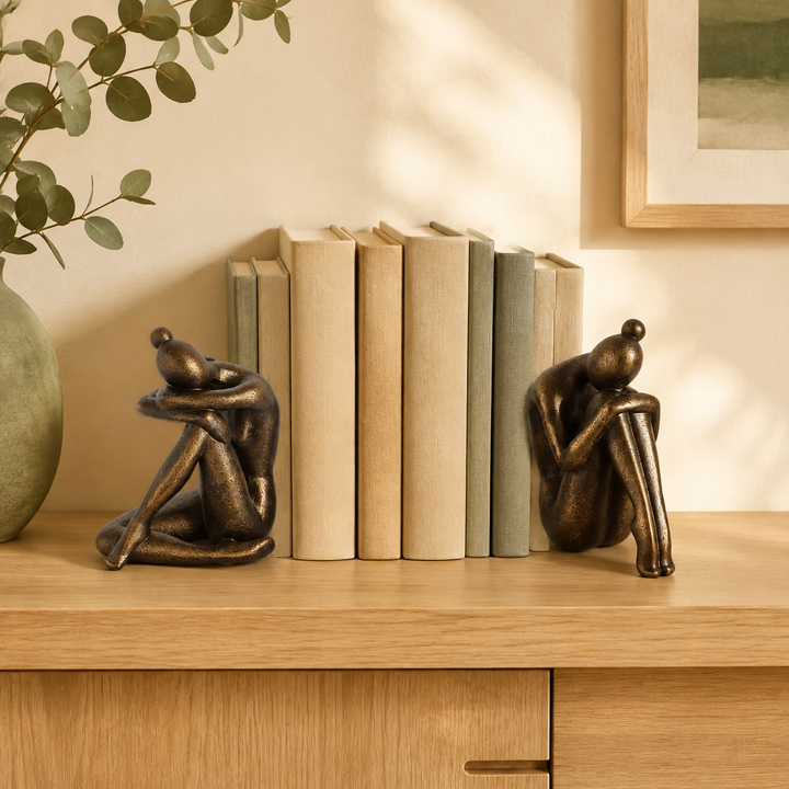 Bronze colour lady bookends styled with books in a warm interior